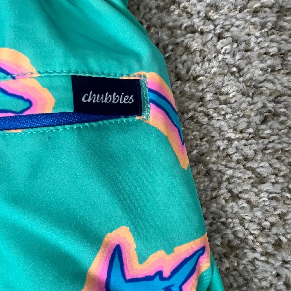 Chubbies Mens Teal Neon Hammerhead Shark Print Swim Trunks 5.5 Inch Inseam Large